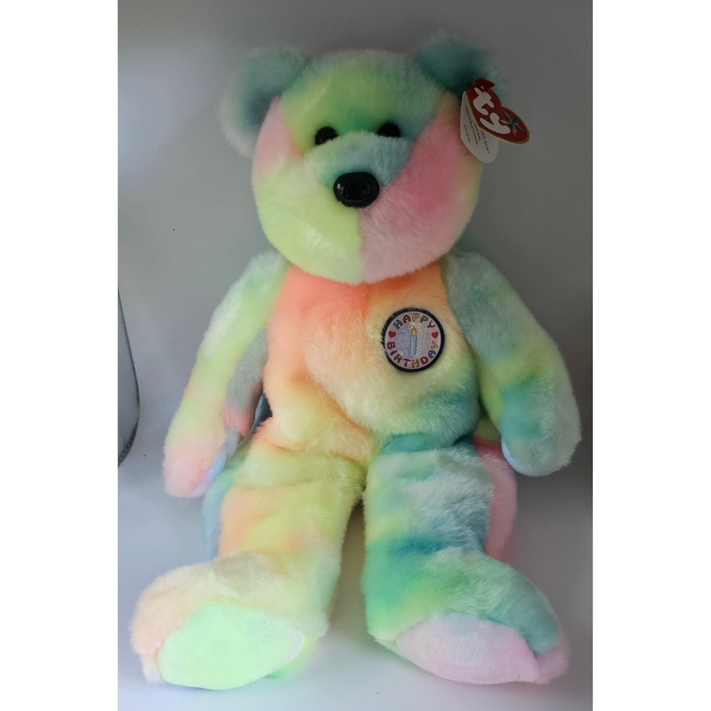Ty Beanie Buddy B.B. Bear Happy Birthday Pastel Tie Dye Plush 14" 2000 w/ Tag